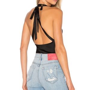 For love &lemons black satin tie up bodysuit
